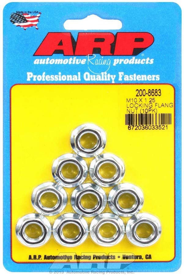 ARP 200-8683 Nut, Locking, 10 mm x 1.25 in Thread, 12 mm Hex Head, Serrated Flange, Steel, Cadmium, Set of 10