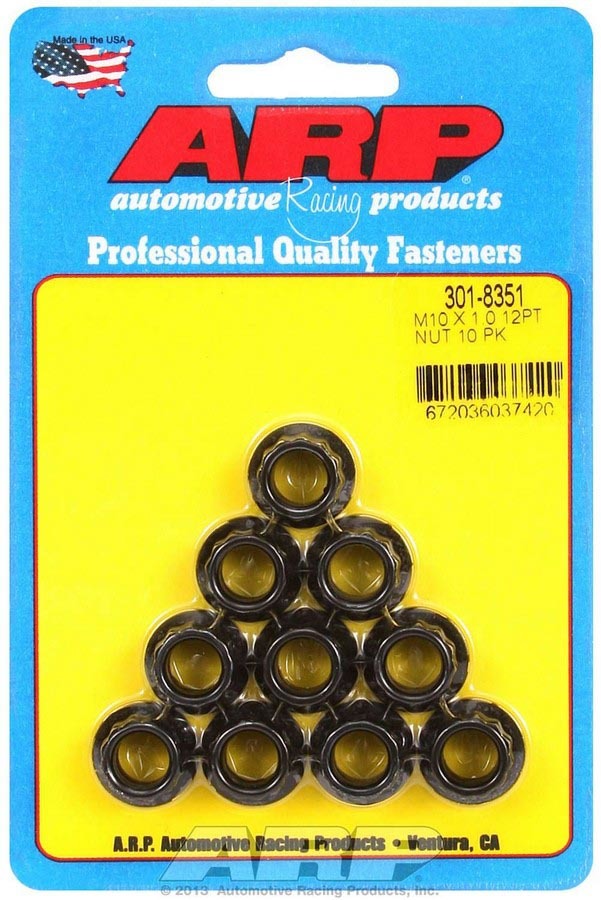 ARP 301-8351 Nut, 10 mm x 1.00 Thread, 12 Point Head, Chromoly, Black Oxide, Universal, Set of 10