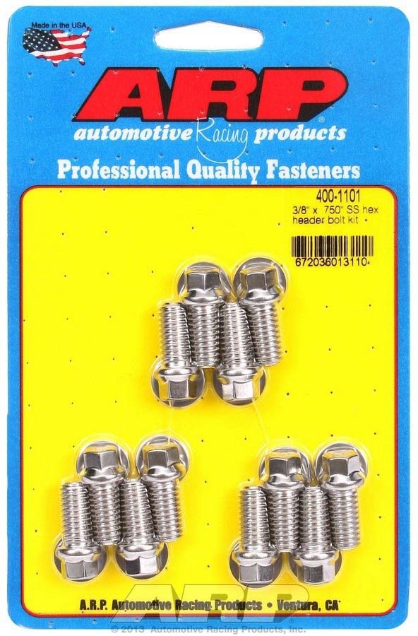 ARP 400-1101 Header Bolt, 3/8-16 in Thread, 0.750 in Long, Hex Head, Stainless, Polished, Small Block Chevy, Set of 12