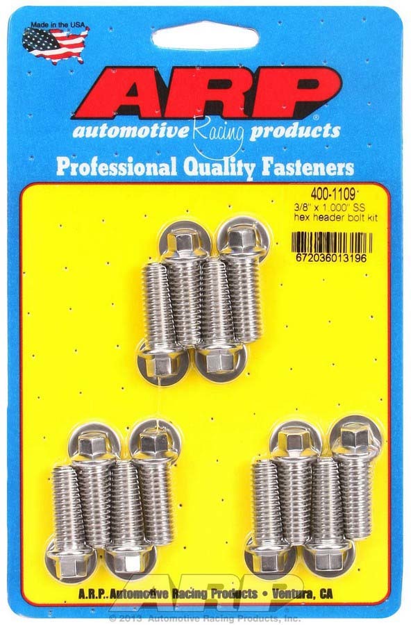 ARP 400-1109 - Header Bolt, 3/8-16 in Thread, 1.000 in Long, Hex Head, Stainless, Polished, Universal, Set of 12
