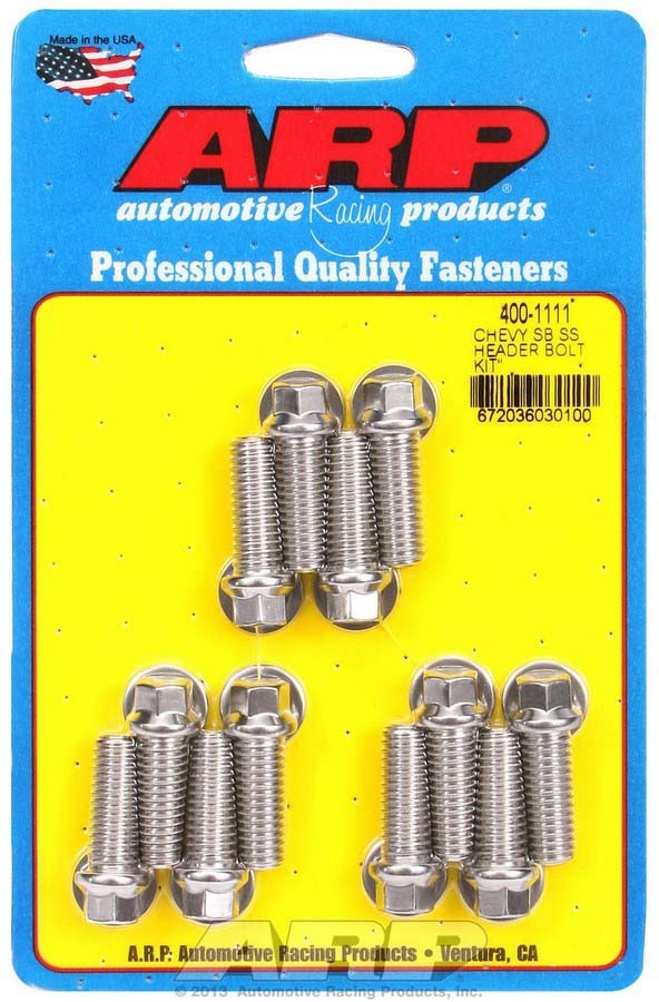 ARP 400-1111 - Header Bolt, 3/8-16 in Thread, 1.000 in Long, Hex Head, Stainless, Polished, Small Block Chevy, Set of 12