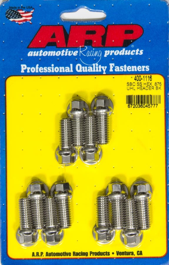 ARP 400-1116 Header Bolt, 3/8-16 in Thread, 0.875 in Long, Hex Head, Stainless, Polished, Universal, Set of 12