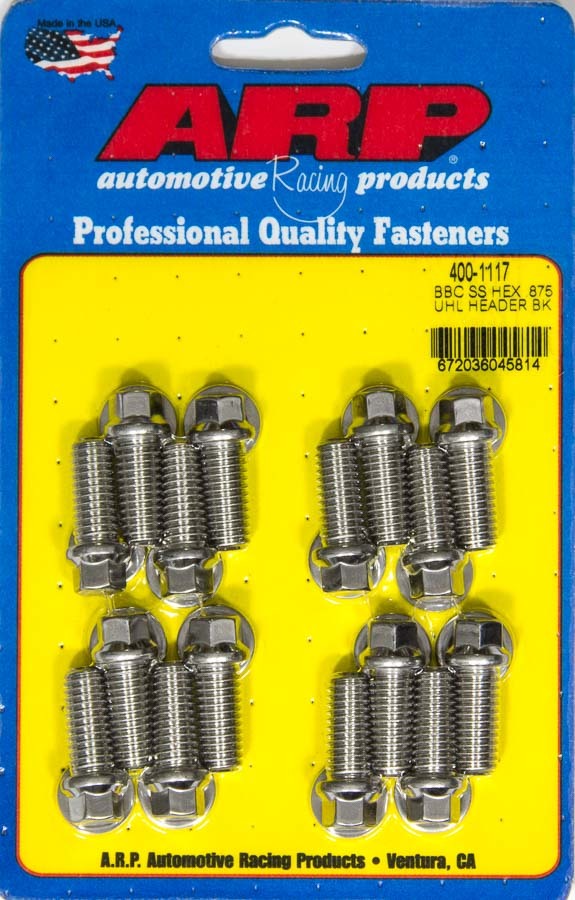 ARP 400-1117 Header Bolt, 3/8-16 in Thread, 0.875 in Long, Hex Head, Stainless, Polished, Universal, Set of 16