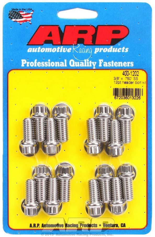 ARP 400-1202 Header Bolt, 3/8-16 in Thread, 0.750 in Long, 12 Point Head, Stainless, Polished, Big Block Chevy / Ford, Set of 16