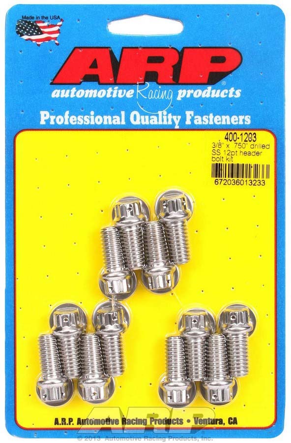 ARP 400-1203 Header Bolt, 3/8-16 in Thread, 0.750 in Long, 12 Point Head, Stainless, Polished, Drilled, Small Block Chevy, Set of 12