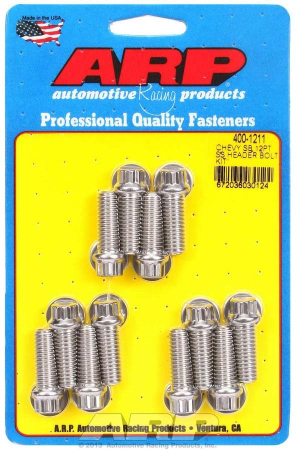 ARP 400-1211 Header Bolt, 3/8-16 in Thread, 1.000 in Long, 12 Point Head, Stainless, Polished, Small Block Chevy, Set of 12