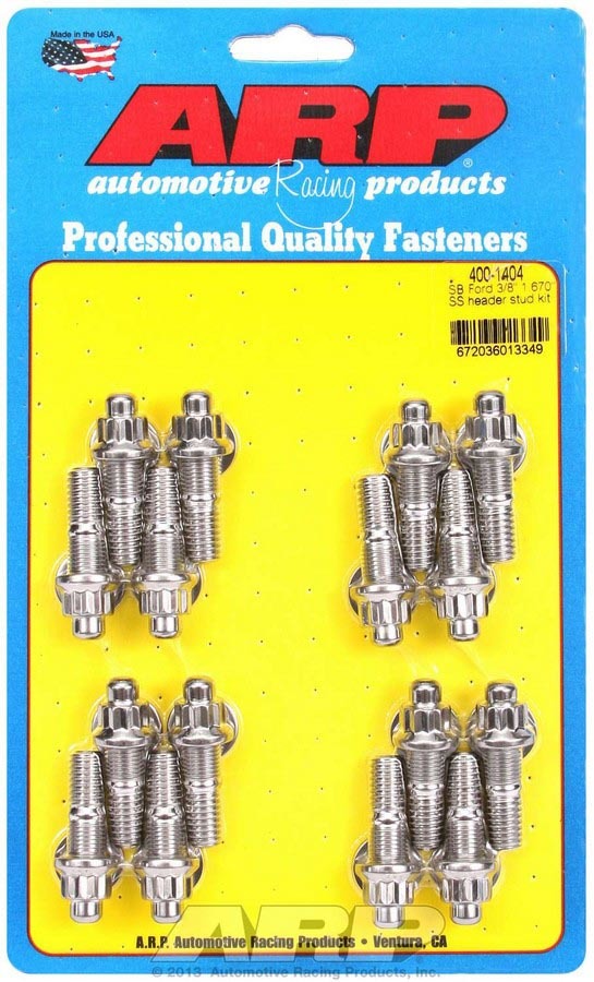 ARP 400-1404 Header Stud, 3/8 in Diameter, 1.670 in Long, 12 Point Nuts, Stainless, Polished, Ford, Set of 16