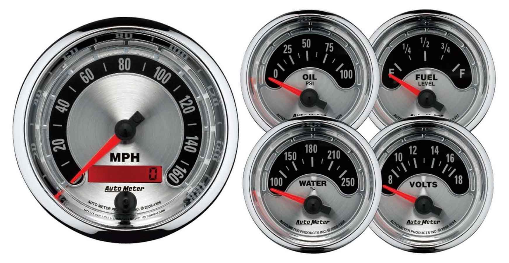 AutoMeter 1202 Gauge Kit, American Muscle, Analog, Fuel Level / Oil Pressure / Speedometer / Voltmeter / Water Temperature, Brushed / Black Face, Kit