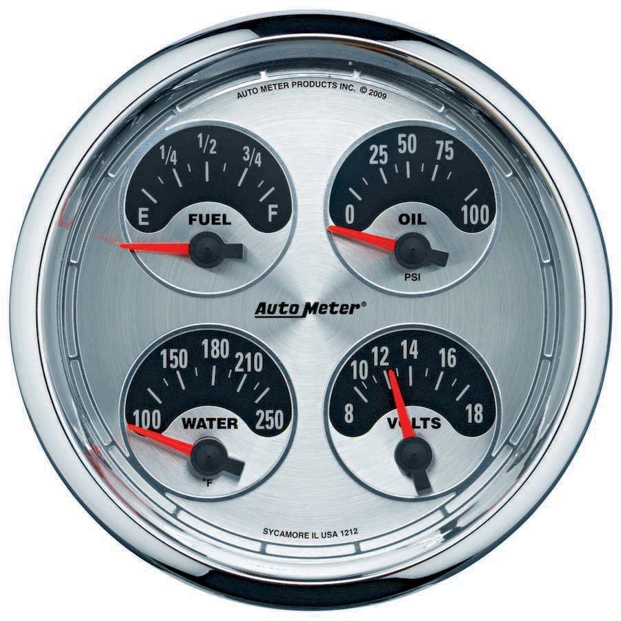 Auto Meter 1212 Combination Gauge, American Muscle, Quad, Analog, Fuel Level / Oil Pressure / Voltmeter / Water Temperature, 5 in Diameter, Brushed / Black Face, Each