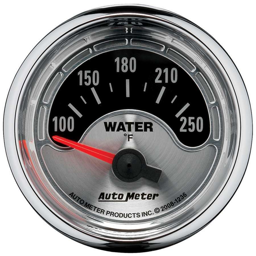 AutoMeter 1236 Water Temperature Gauge, American Muscle, 100-250 Degree F, Electric, Analog, Short Sweep, 2-1/16 in Diameter, Brushed / Black Face, Each