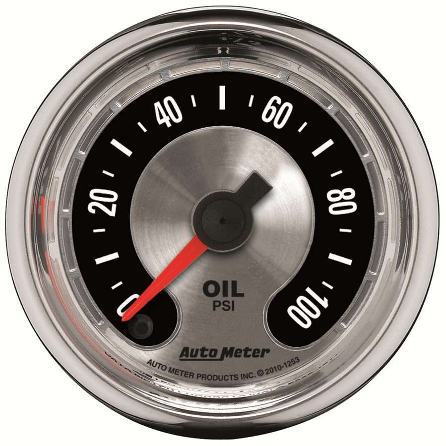 AutoMeter 1253 Oil Pressure Gauge, American Muscle, 0-100 psi, Electric, Analog, Full Sweep, 2-1/16 in Diameter, Brushed / Black Face, Each