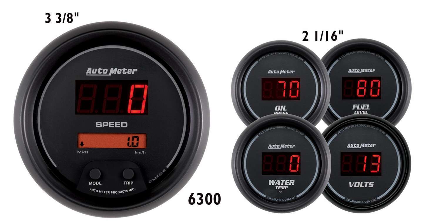 Auto Meter 6300 Gauge Kit, Sport-Comp, Digital, Oil Pressure / Fuel Level / Speedometer / Voltmeter / Water Temperature, Black Face, Kit