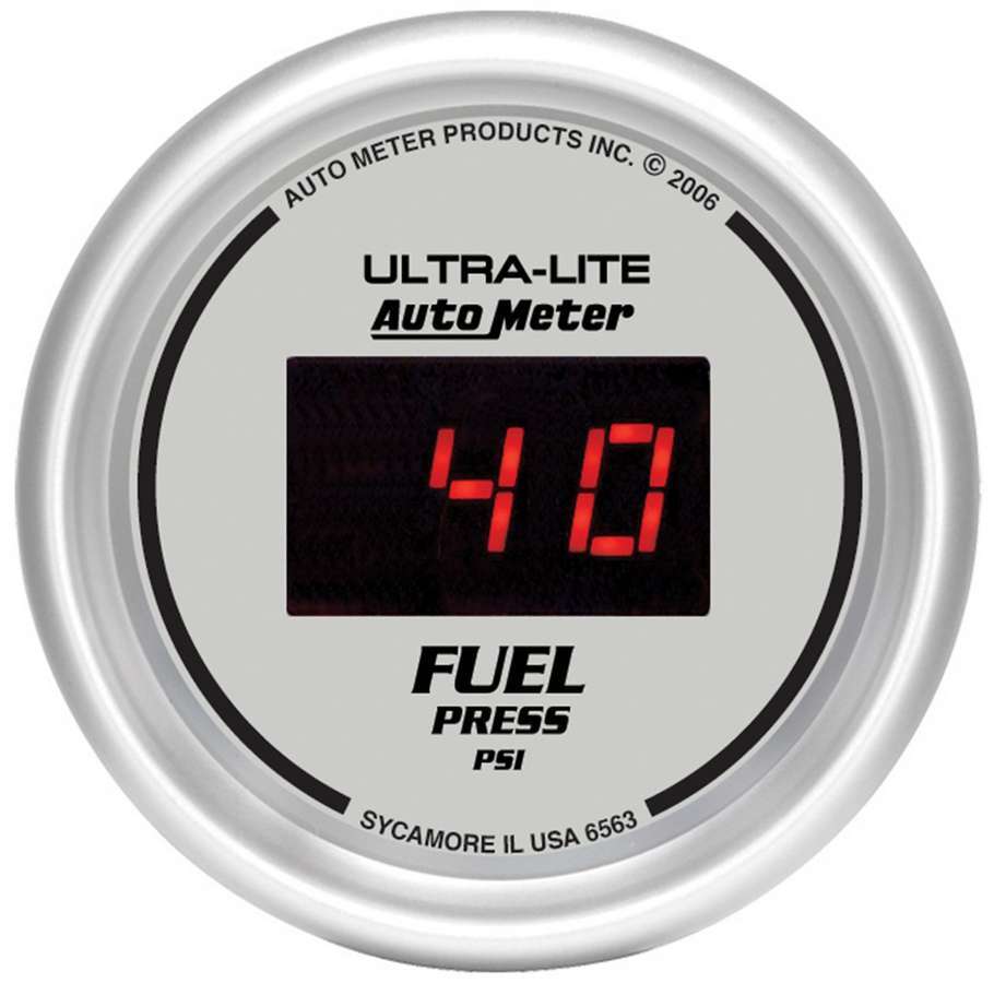 Auto Meter 6563 - Fuel Pressure Gauge, Ultra-Lite, 5-100 psi, Electric, Digital, 2-1/16 in Diameter, Silver Face, Each