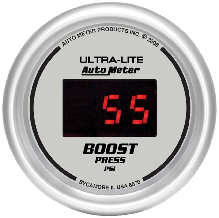 Auto Meter 6570 - Boost Gauge, Ultra-Lite, 5-60 psi, Electric, Digital, 2-1/16 in Diameter, Silver Face, Each