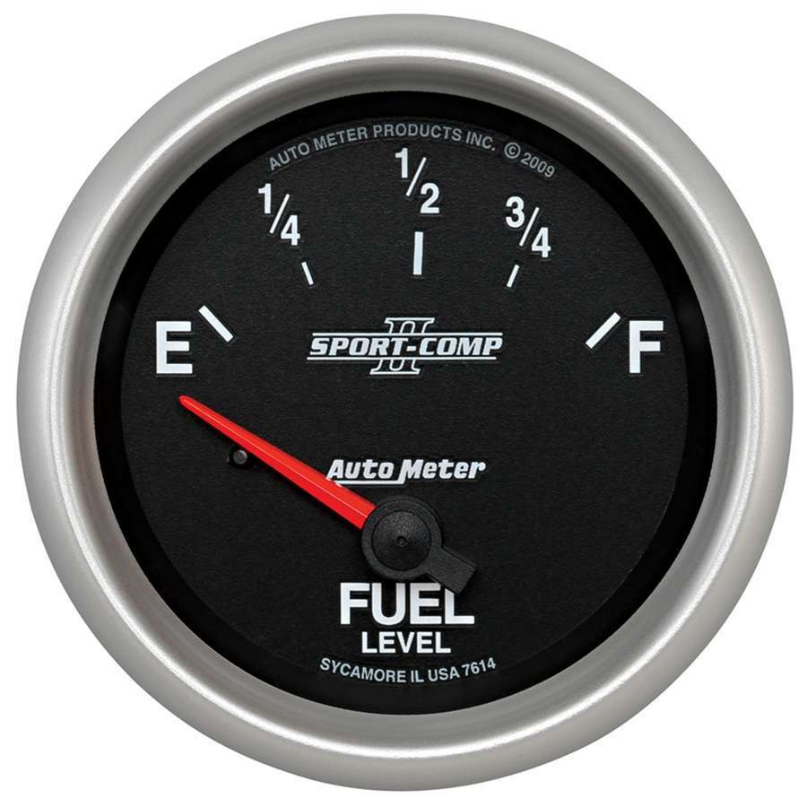 Auto Meter 7614 - Fuel Level Gauge, Sport-Comp II, 0-90 ohm, Electric, Analog, Short Sweep, 2-5/8 in Diameter, Black Face, Each