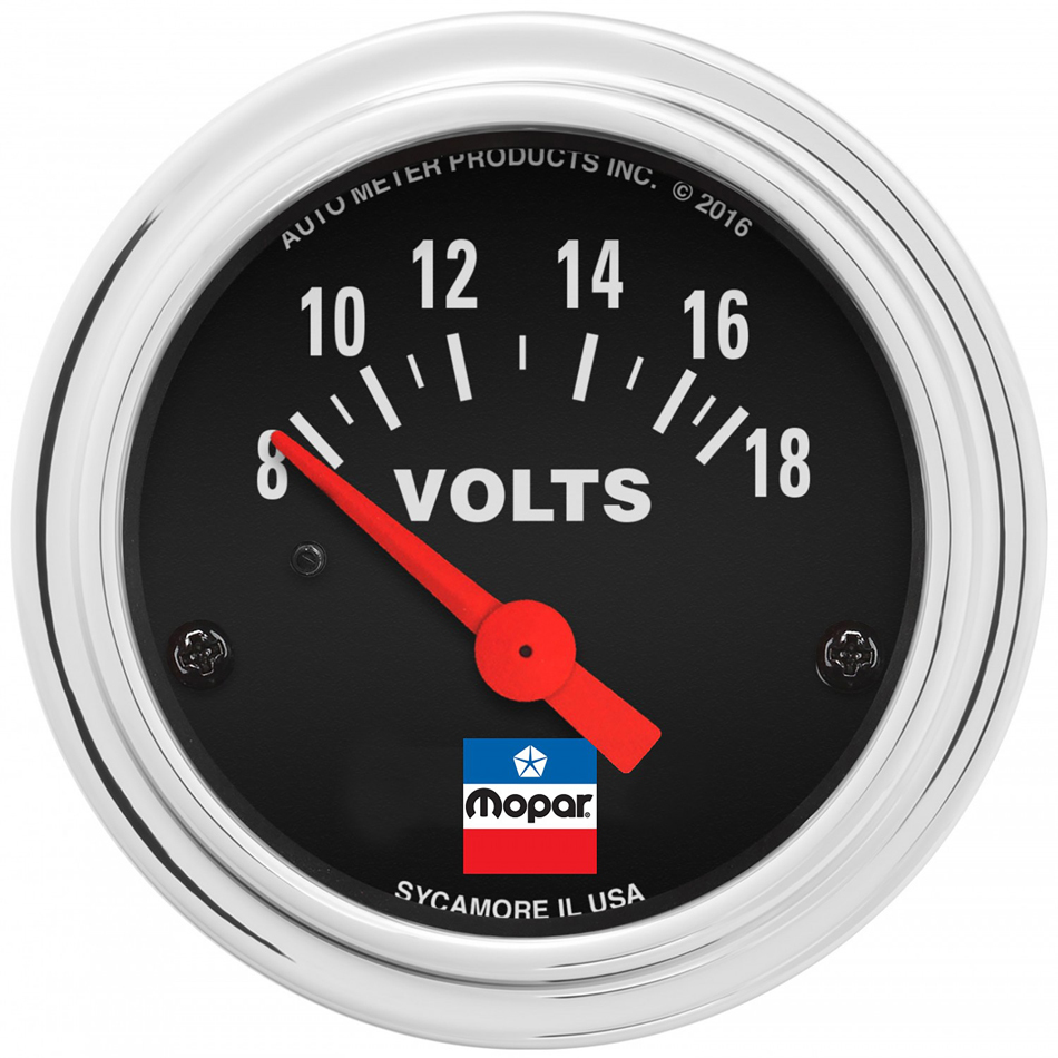 Auto Meter 880788 - Voltmeter, Mopar Classic, 8-18V, Electric, Analog, Short Sweep, 2-1/16 in Diameter, Black Face, Each