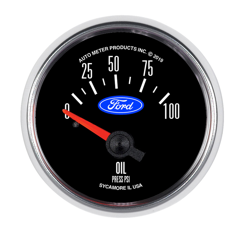 Auto Meter 880821 - Oil Pressure Gauge, 0-100 psi, Mechanical, Analog, Short Sweep, 2-1/16 in Diameter, 1/8 in NPT Port, Ford Logo, Black Face, Each