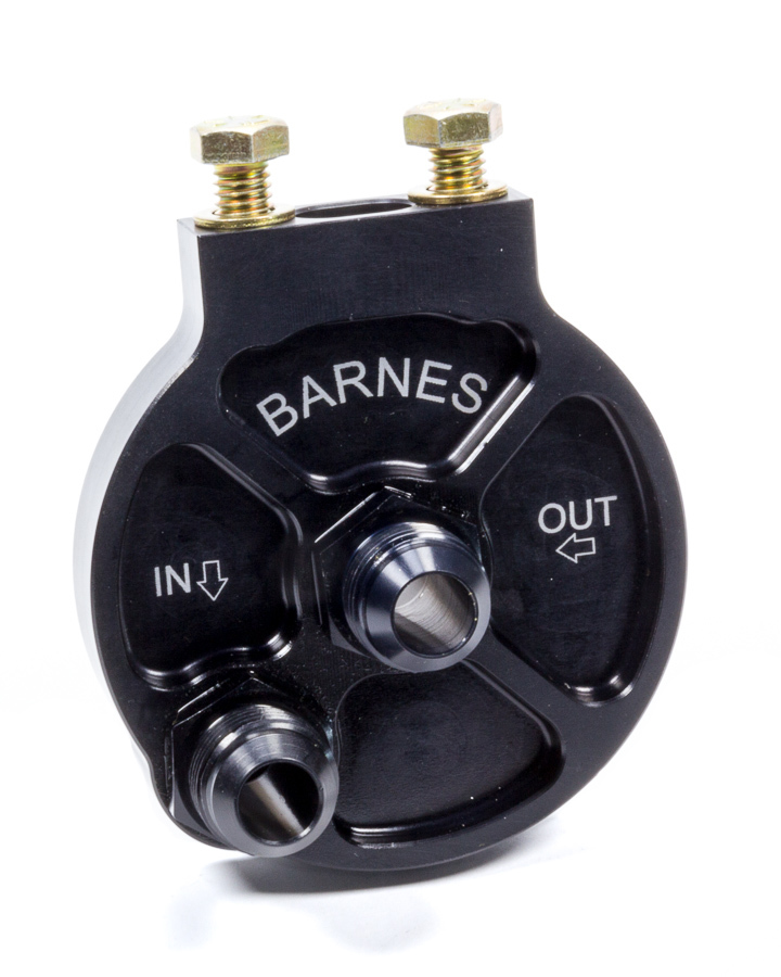 Barnes 8926-10 Remote Oil Filter Mount, Single Filter, 13/16-16 in Thread Size, 10 AN Male Inlet, 10 AN Male Outlet, Bolt-On, Aluminum, Black Anodized, Each