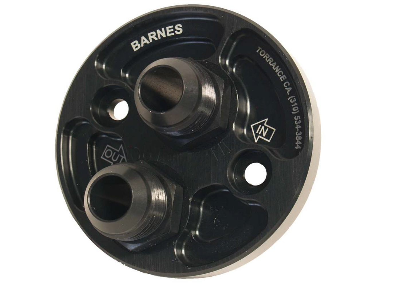 Barnes 8932-12 Oil Filter Adapter, Blockoff, Bolt-On, 12 AN Male Inlet, Aluminum, Black Anodized, Small Block Chevy, Each
