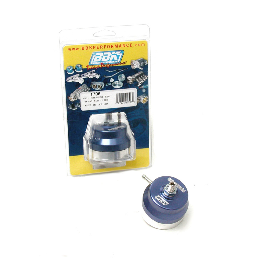 BBK Performance 1706 Fuel Pressure Regulator, 35 to 65 psi, Rail Mount, Adjustable, Aluminum, Blue Anodized, Small Block Ford, Ford Mustang 1986-93, Each