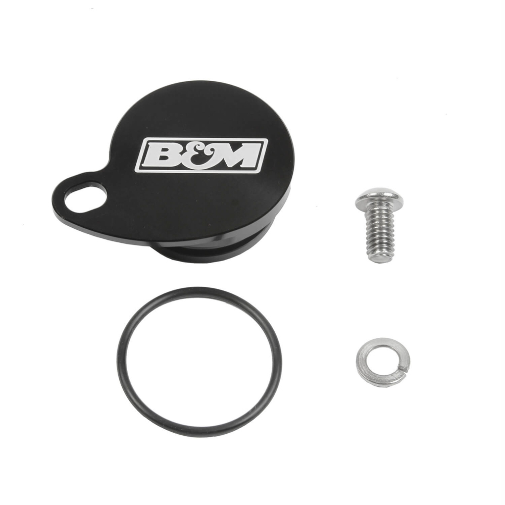 B&M 20300 Port Plug, Speedometer, Hardware Included, Aluminum, Black Anodized, B&M Logo, TF-727 / 36RH / 37RH / 46RH / 47RH, Mopar, Each