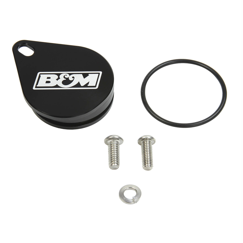 B&M 20301 Port Plug, Speedometer, Hardware Included, Aluminum, Black Anodized, B&M Logo, TH400 Series, Chevy, Each