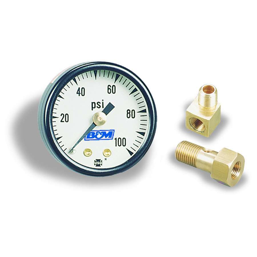 B&M 46054 Fuel Pressure Gauge, 0-100 psi, Mechanical, Analog, 1-1/2 in Diameter, 1/8 in NPT Port, White Face, Each
