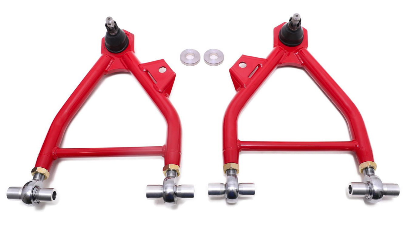 BMR Suspension AA042R Control Arm, Tubular, Lower, Bushing, Spherical Rod End, Steel, Red Powder Coat, Ford Mustang 1994-2004, Kit