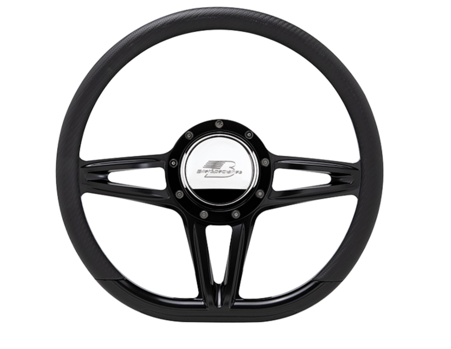 Billet Specialities BLK29441 Steering Wheel, Victory, D-Shape, 14 in Diameter, 2 in Dish, 3-Spoke, Milled Finger Notches, Aluminum, Black Anodized, Each