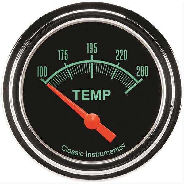 Classic Instruments GS226SLF-02 Water Temperature Gauge, G/Stock, 100-280 Degree F, Electric, Analog, Short Sweep, 1/8 in NPT Sender, 2-5/8 in Diameter, Low Step Stainless Bezel, Flat Lens, Black Face, Each