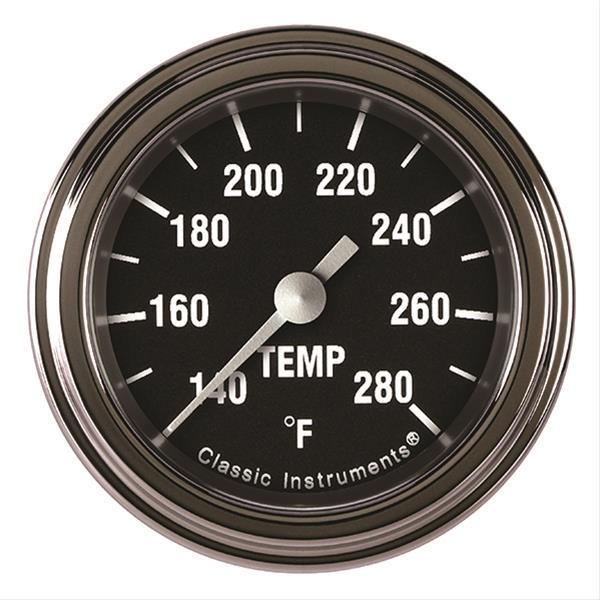 Classic Instruments HR126SLF-02 Water Temperature Gauge, Hot Rod, 140-280 Degree F, Electric, Analog, Full Sweep, 1/8 in NPT Sender, 2-1/8 in Diameter, Low Step Stainless Bezel, Flat Lens, Black Face, Each