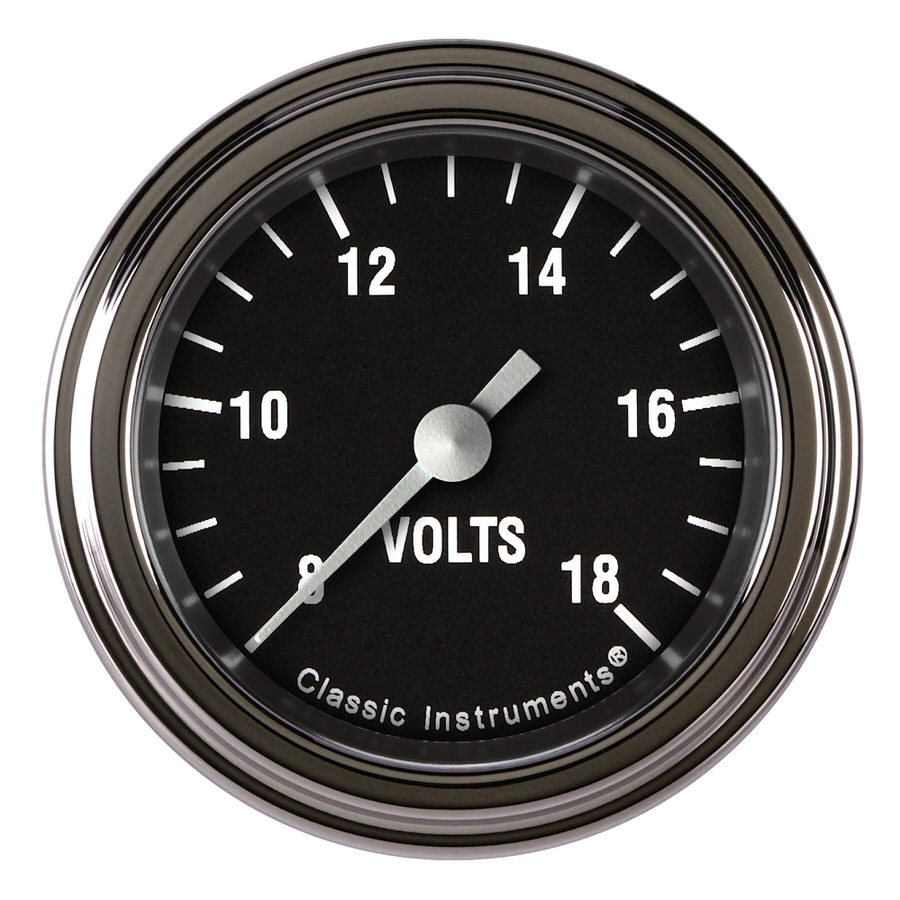 Classic Instruments HR130SLF Voltmeter Gauge, Hot Rod, 8-18 Volts, Electric, Analog, Full Sweep, 2-1/8 in Diameter, Low Step Stainless Bezel, Flat Lens, Black Face, Each
