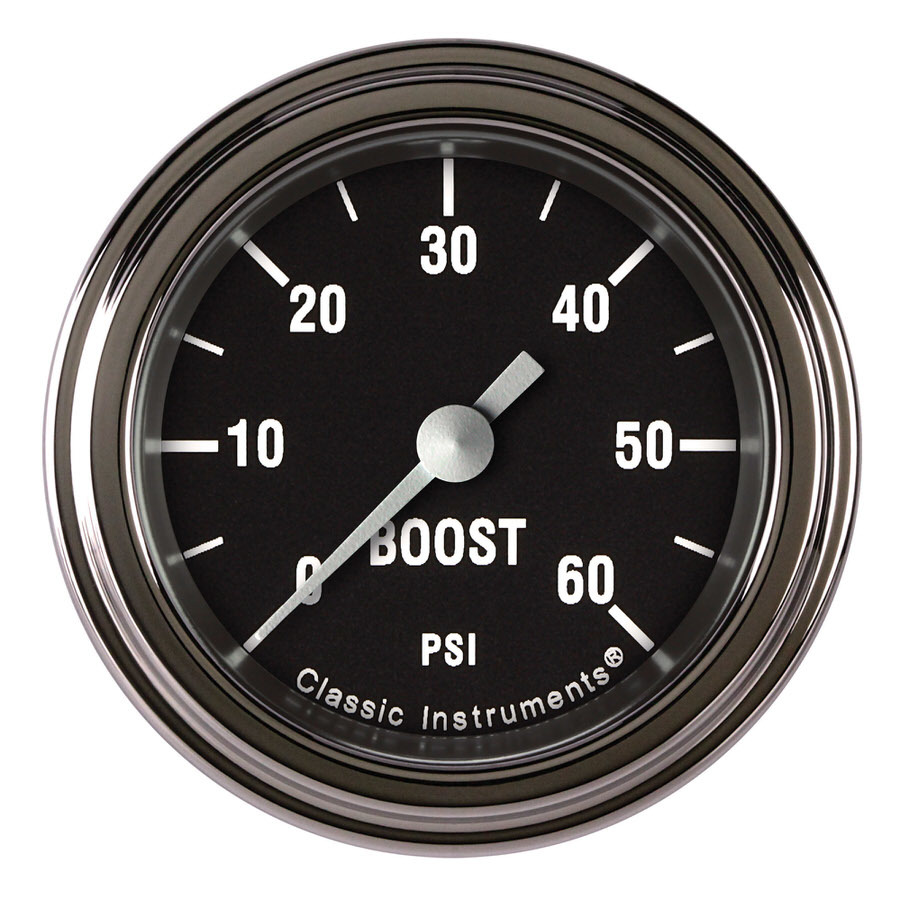 Classic Instruments HR143SLF Boost Gauge, Hot Rod, 0-60 psi, Electric, Analog, Full Sweep, 2-1/8 in Diameter, Low Step Stainless Bezel, Flat Lens, Black Face, Each