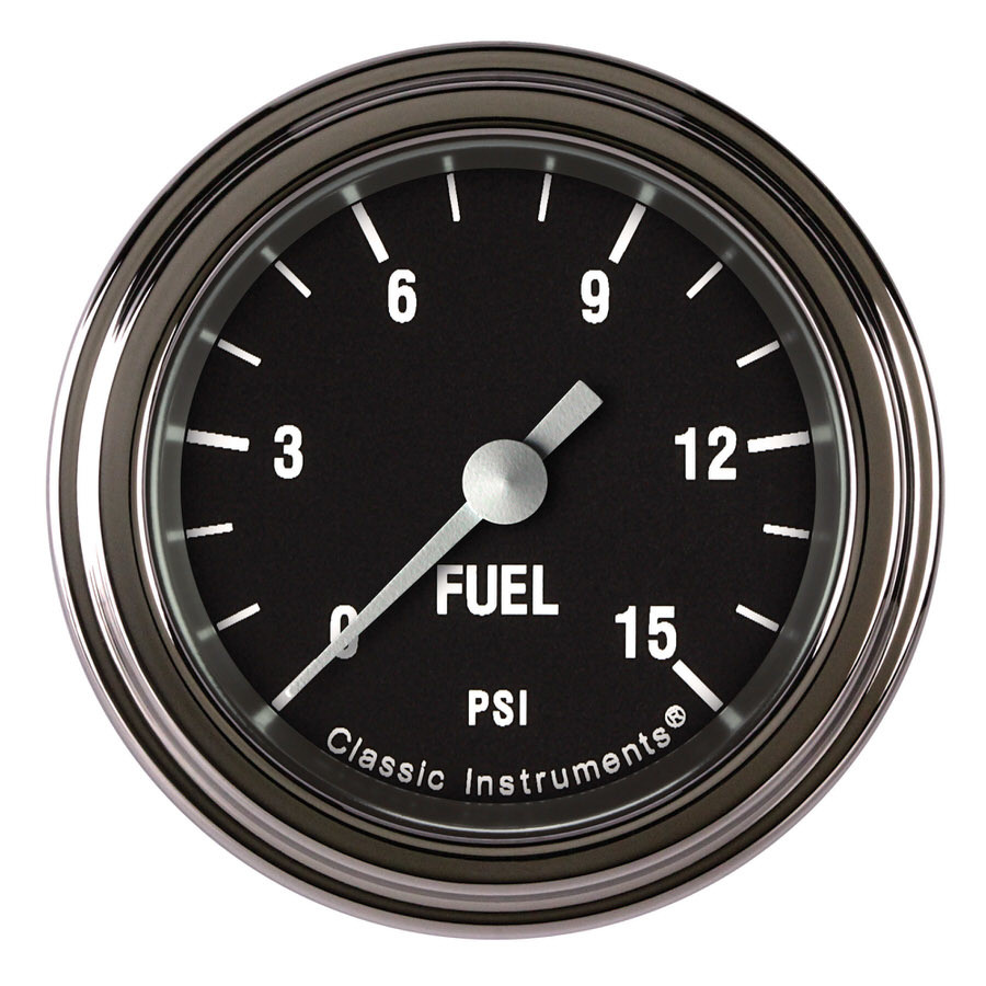 Classic Instruments HR145SLF Fuel Pressure Gauge, Hot Rod, 0-15 psi, Electric, Analog, Full Sweep, 2-1/8 in Diameter, Low Step Stainless Bezel, Flat Lens, Black Face, Each