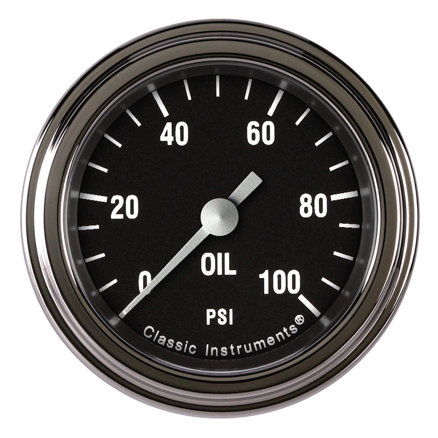 Classic Instruments HR181SLF Oil Pressure Gauge, Hot Rod, 0-100 psi, Electric, Analog, Full Sweep, 2-1/8 in Diameter, Low Step Stainless Bezel, Flat Lens, Black Face, Each