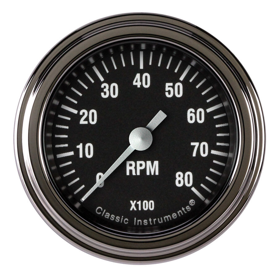 Classic Instruments HR183SLF Tachometer, Hot Rod, 0-8000 RPM, Electric, Analog, Full Sweep, 2-1/8 in Diameter, Low Step Stainless Bezel, Flat Lens, Black Face, Each