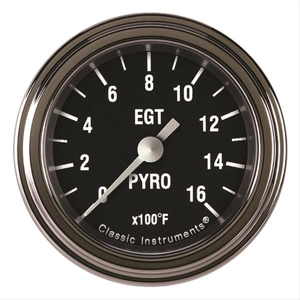 Classic Instruments HR198SLF Exhaust Gas Temp Gauge, Hot Rod, 0-1600 Degrees F, Electric, Analog, Full Sweep, 2-1/8 in Diameter, 3/16 in Thermocouple, 1/8 in NPT Compression Fitting, Low Step Stainless Bezel, Flat Lens, Black Face, Each