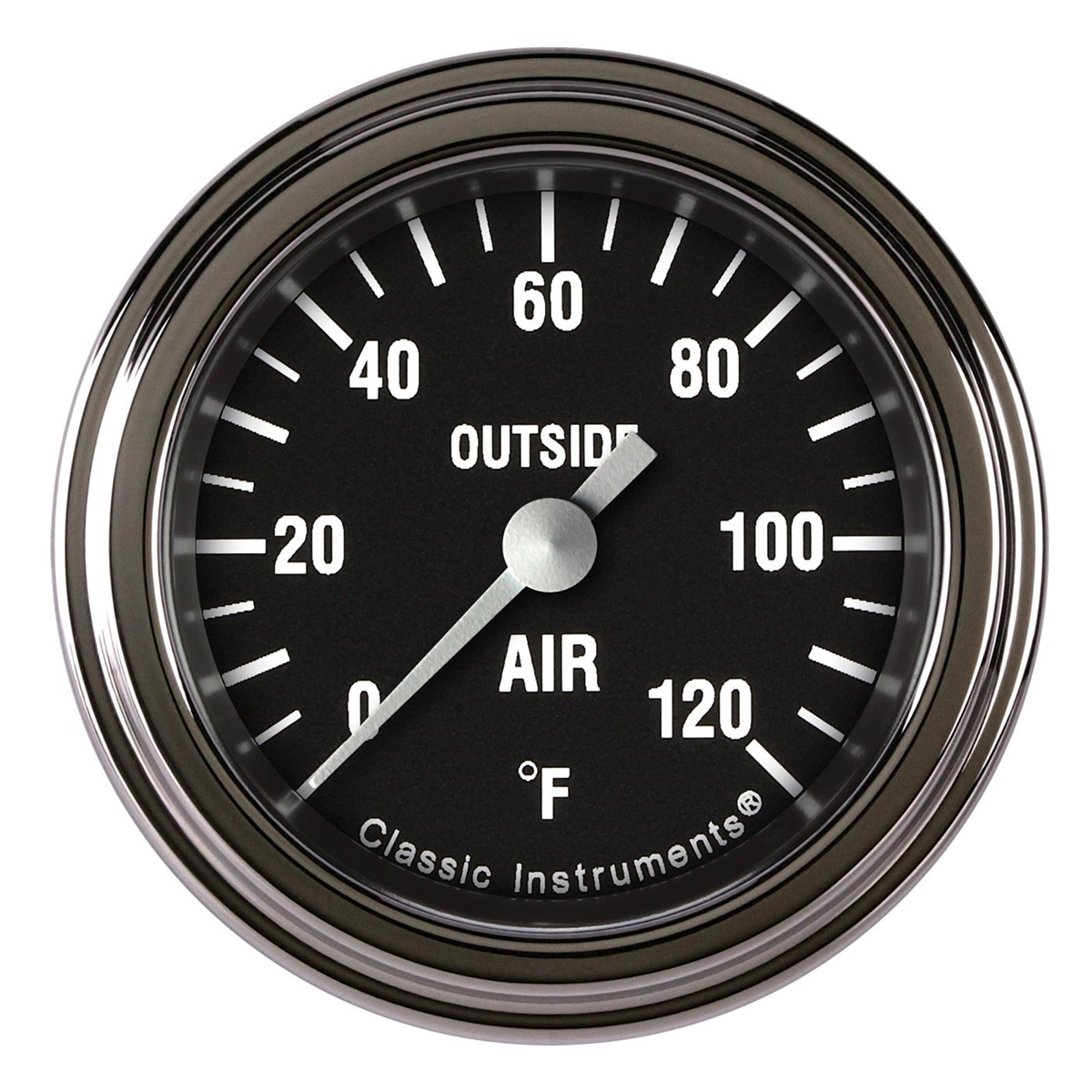 Classic Instruments HR199SLF Outside Air Temp Gauge, Hot Rod, 0-120 Degrees F, Electric, Analog, Full Sweep, 2-1/8 in Diameter, 1/8 in NPT Thread Sender, Low Step Stainless Bezel, Flat Lens, Black Face, Each