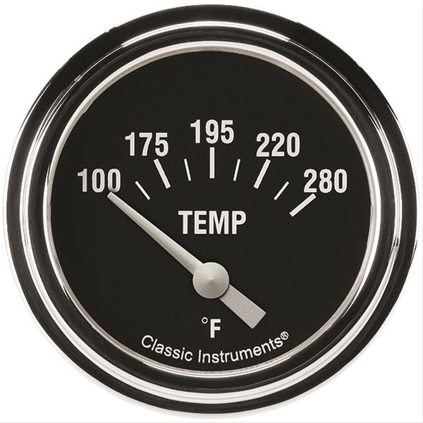 Classic Instruments HR226SLF-04 Water Temp Gauge, Hot Rod, 100-280 Degrees F, Electric, Analog, Short Sweep, 2-5/8 in Diameter, 1/4 in NPT Thread Sender, Low Step Stainless Bezel, Flat Lens, Black Face, Each