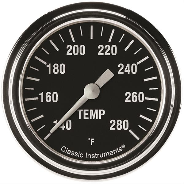 Classic Instruments HR326SLF-02 Water Temp Gauge, Hot Rod, 140-280 Degrees F, Electric, Analog, Full Sweep, 2-5/8 in Diameter, 1/8 in NPT Sender Thread, Low Step Stainless Bezel, Flat Lens, Black Face, Each