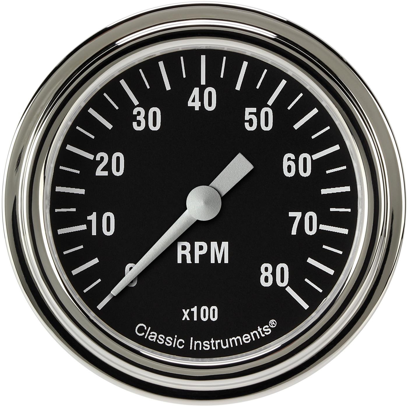 Classic Instruments HR383SLF Tachometer, Hot Rod, 0-8000 RPM, Electric, Analog, Full Sweep, 2-5/8 in Diameter, Low Step Stainless Bezel, Flat Lens, Black Face, Each