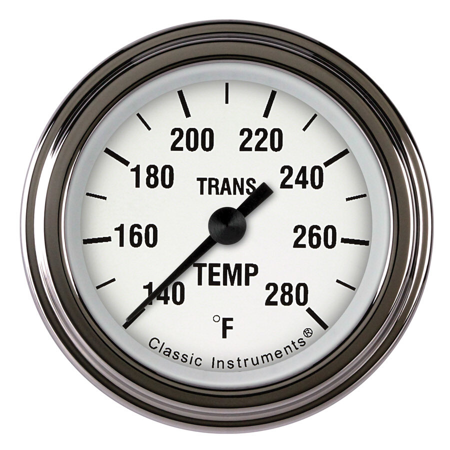Classic Instruments WH127SLF Transmission Temp Gauge, White Hot, 140-280 Degrees F, Electric, Analog, Full Sweep, 2-1/8 in Diameter, 1/8 in NPT Thread Sender, Low Step Stainless Bezel, White Face, Each
