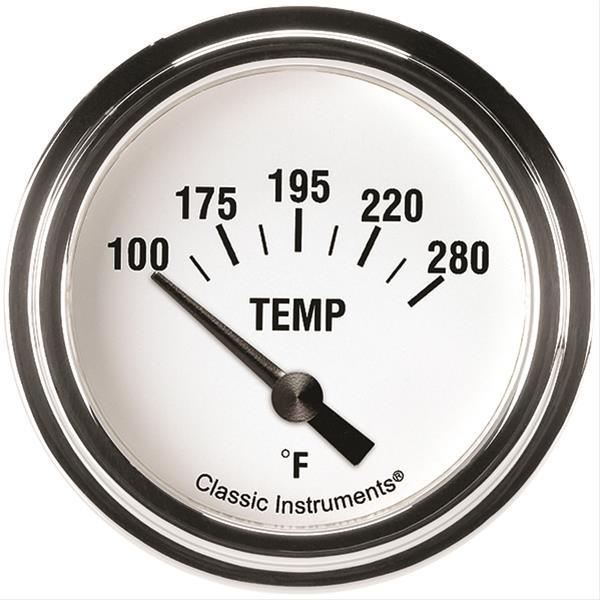 Classic Instruments WH226SLF-02 Water Temp Gauge, White Hot, 100-280 Degrees F, Electric, Analog, Short Sweep, 2-5/8 in Diameter, 1/8 in NPT Thread Sender, Low Step Stainless Bezel, White Face, Each