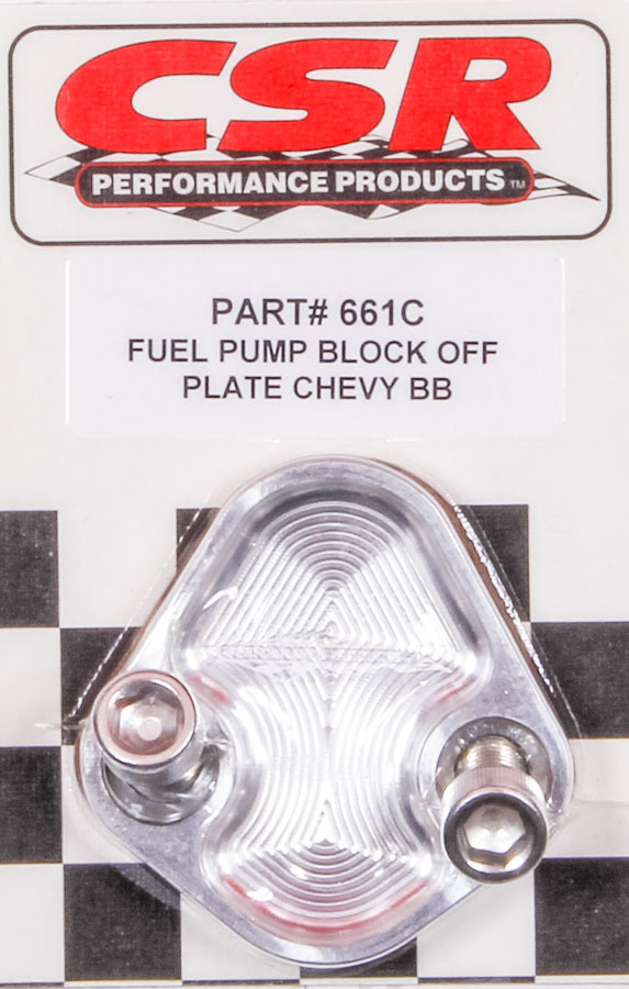 CSR Performance 661C Fuel Pump Blockoff, Stainless Allen Head Screws, Gasket, Aluminum, Clear Anodized, Big Block Chevy, Each