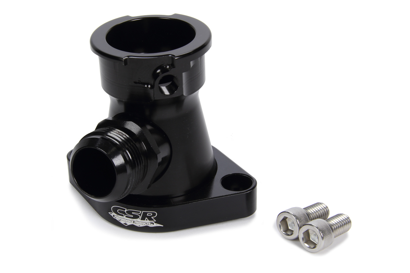 CSR Performance 913AN16BLK Water Neck, 90 Degree, 16 AN Male, Filler Neck, Swivel, O-Ring, Hardware Included, Billet Aluminum, Black Anodized, Chevy V8, Each