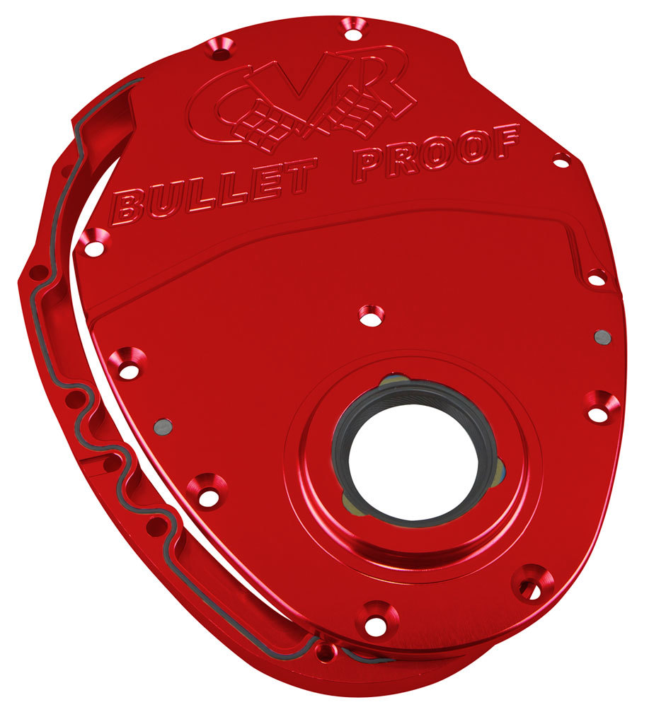 CVR Performance TC2350R Timing Cover, 2-Piece, Gaskets / Hardware / Seal Included, Aluminum, Red Anodized, Small Block Chevy / GM V6, Kit