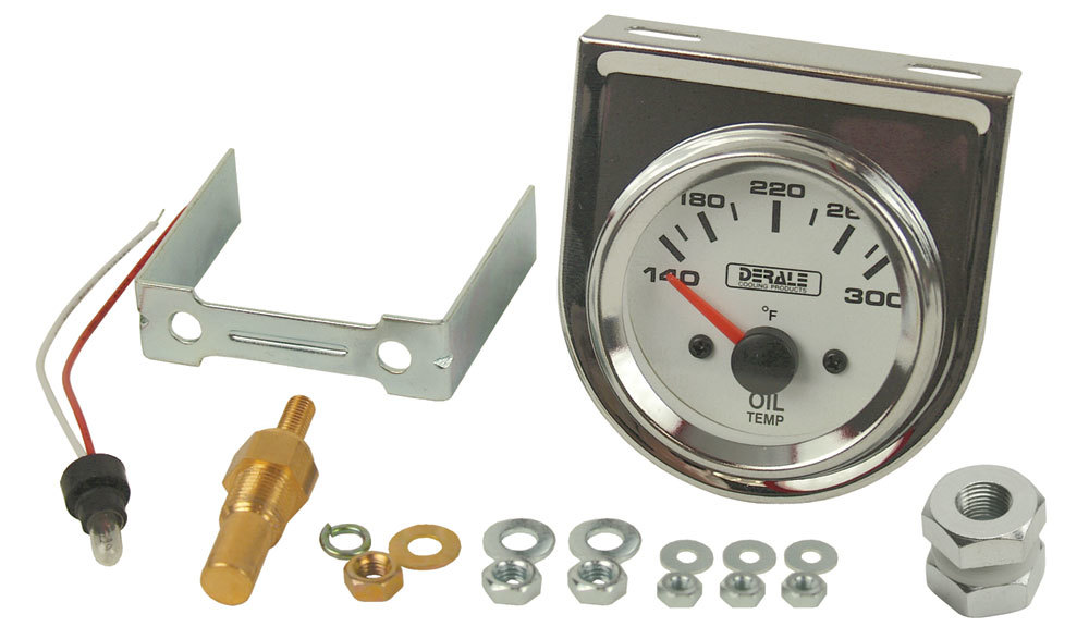 Derale 13009 Oil Temperature Gauge, 140-300 Degree F, Electrical, Analog, 2-1/16 in Diameter, White Face, Kit