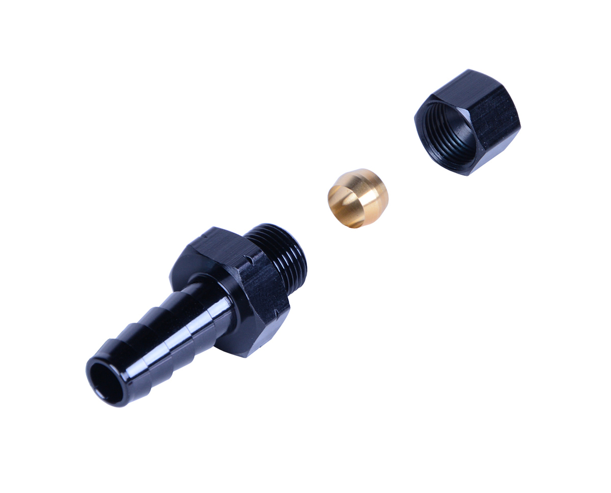 Derale 13041 Fitting, Adapter, Straight, 5/16 in Compression Fitting to 3/8 in Hose Barb, Aluminum, Black Anodized, Each