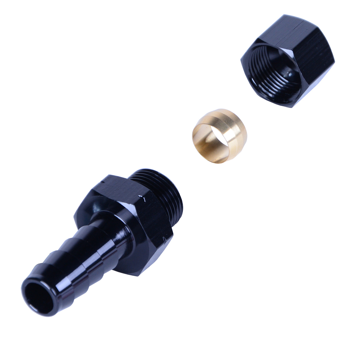 Derale 13042 Fitting, Adapter, Straight, 3/8 in Compression Fitting to 3/8 in Hose Barb, Aluminum, Black Anodized, Each