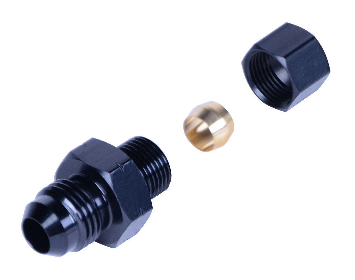 Derale 13044 Fitting, Adapter, Straight, 5/16 in Compression Fitting to 6 AN Male, Aluminum, Black Anodized, Each